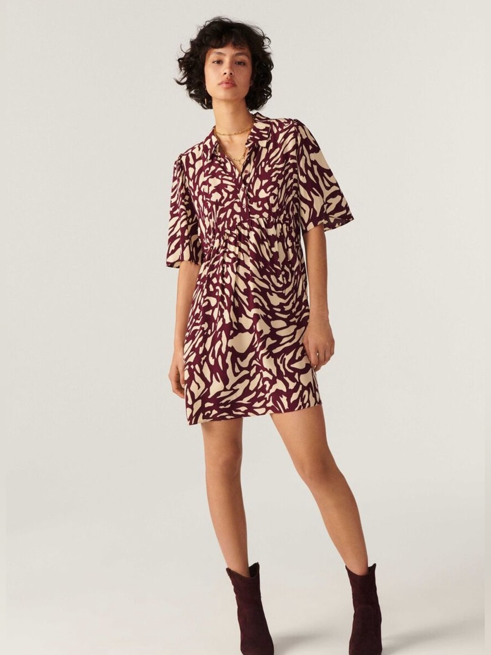 ba&sh | Groove Graphic Print Shirt Dress in Bordeaux